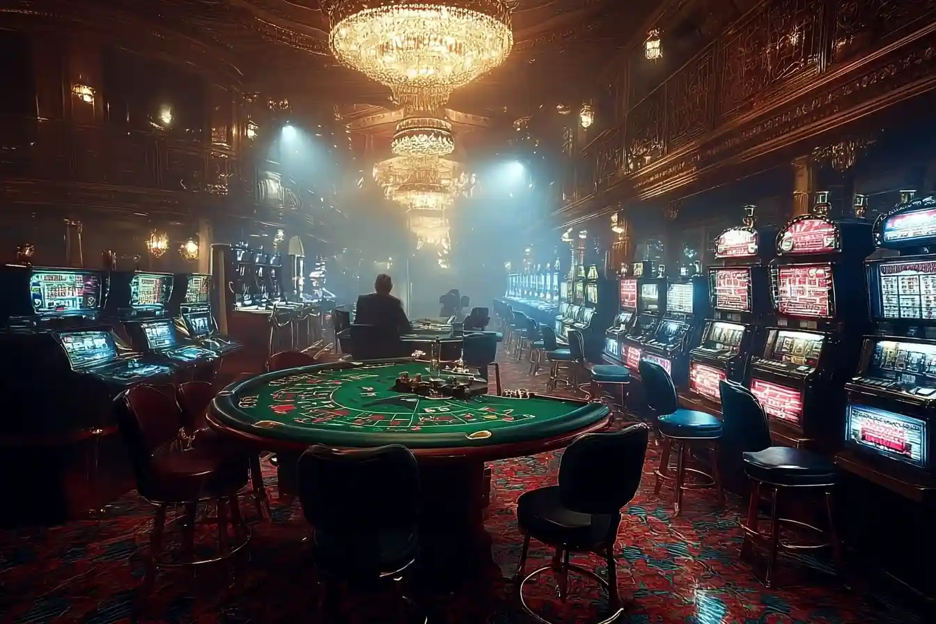 A colorful slot machine in a casino setting